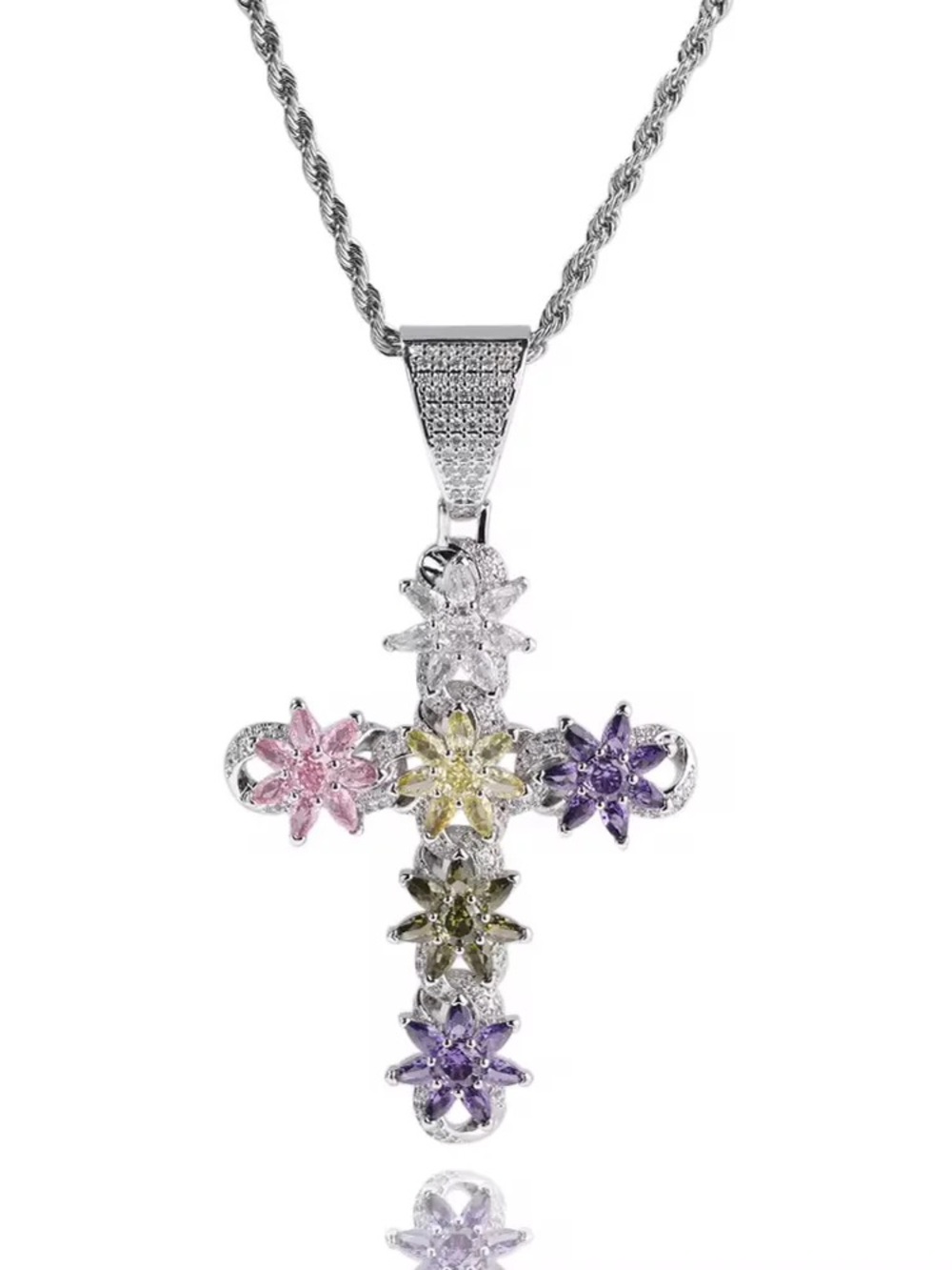 Multicolor Flower Cross Pendant Necklace - 16inch